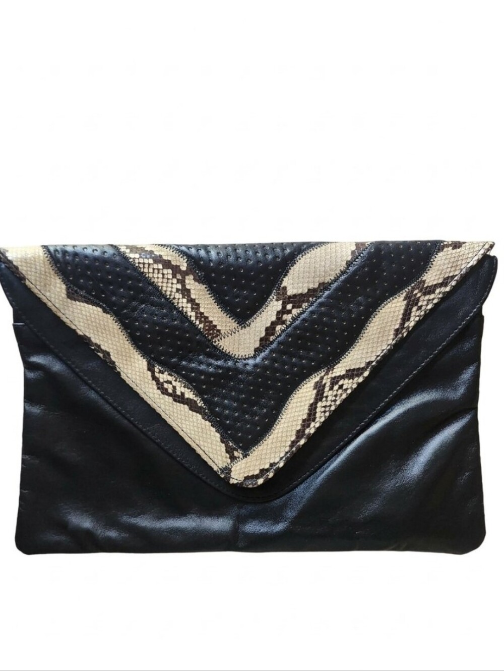 Vtg REEM Genuine Leather Black Envelope Clutch with Snake-Print Accent